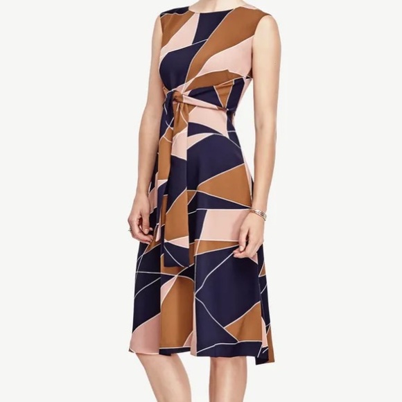 Ann Taylor modern geo tie waist petite dress 8p